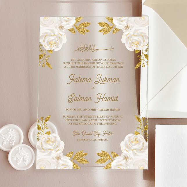 Invitaciones Acrílicas  Ivory Floral Gold Glitter Islamic Muslim Wedding (Subido por el creador)