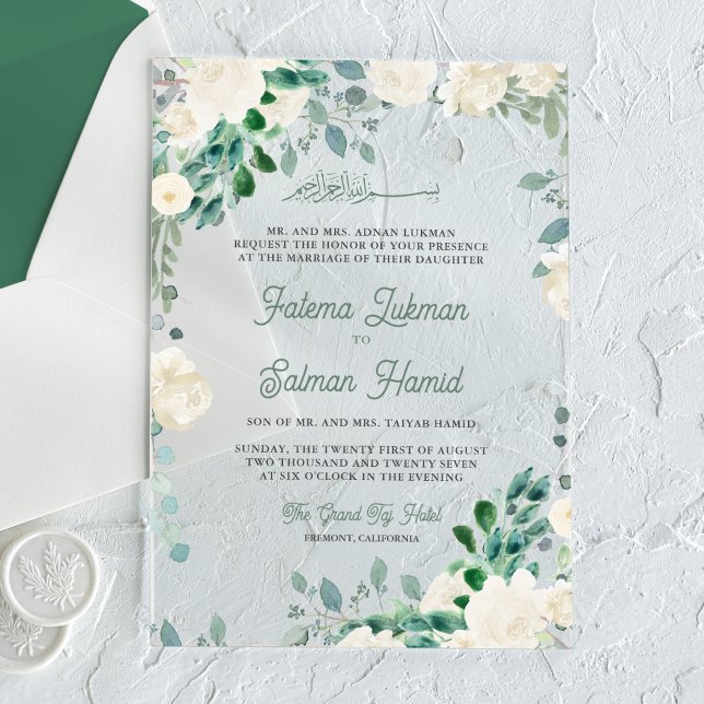 Invitaciones Acrílicas Ivory Floral Sage Green Leaves Islamic Wedding (Subido por el creador)