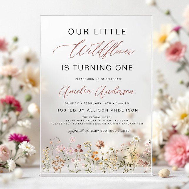 Invitaciones Acrílicas Jardín de cumpleaños número uno estilo boho con fl (Subido por el creador)