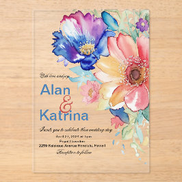 Invitaciones Acrílicas Jardín de flores silvestres audaces azul rosa melo