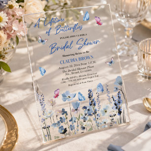 Invitaciones Acrílicas Jardín de flores silvestres azules Mariposas Desay