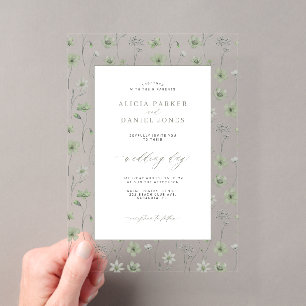Invitaciones Acrílicas Jardín de flores silvestres verde salvia boda flor
