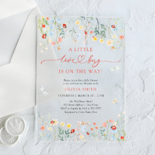 Invitaciones Acrílicas Jardín de Pequeños Insectos Baby Shower Rosa Claro