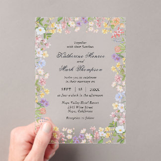 Invitaciones Acrílicas Jardín de pradera de flores silvestres coloridas d