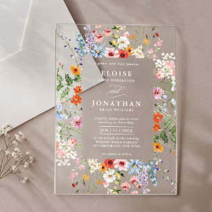 Invitaciones Acrílicas Jardín de Pradera Primaveral de Flores Silvestres 