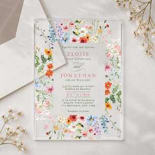 Invitaciones Acrílicas Jardín de Pradera Primaveral de Flores Silvestres 