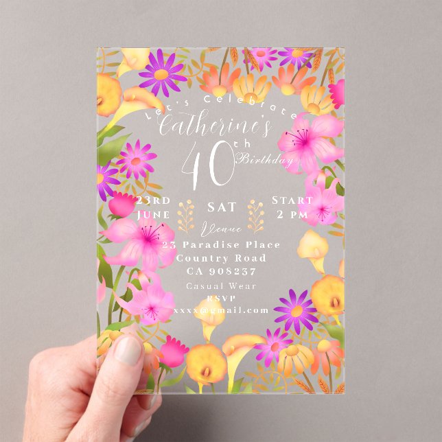 Invitaciones Acrílicas Jardín Floral 40 cumpleaños (Insitu (portátil))