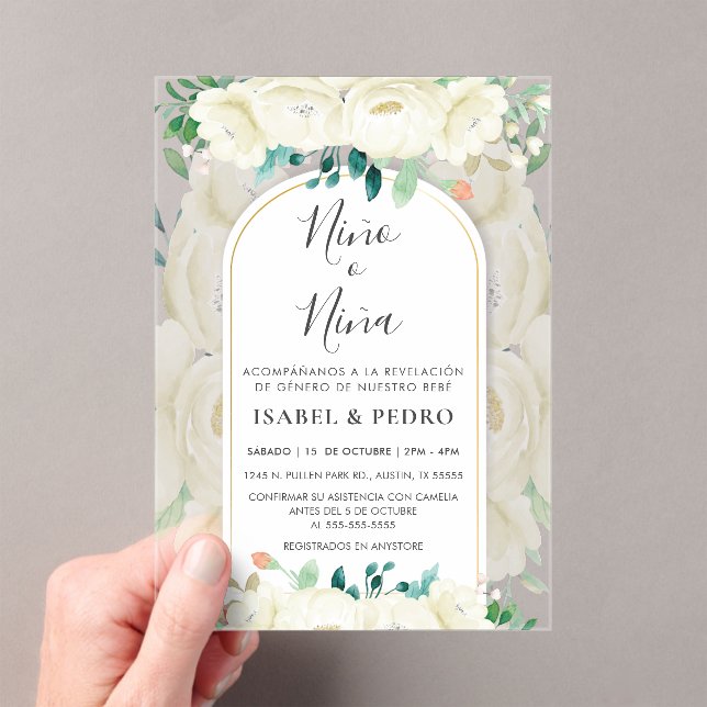 Invitaciones Acrílicas Jardín floral blanco moderno Revelación de género  (Insitu (portátil))