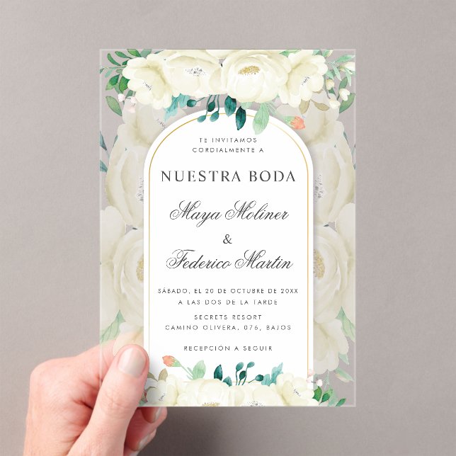 Invitaciones Acrílicas Jardín floral blanco Nuestra Boda Boda española (Insitu (portátil))