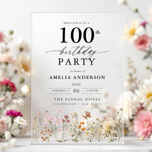 Invitaciones Acrílicas Jardín Floral Caligrafía 100 Cumpleaños
