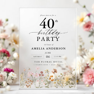 Invitaciones Acrílicas Jardín Floral Caligrafía Cumpleaños 40