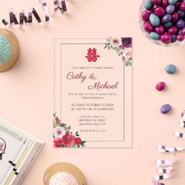 Invitaciones Acrílicas Jardín floral morado rojo boda chino (Insitu (Celebración))
