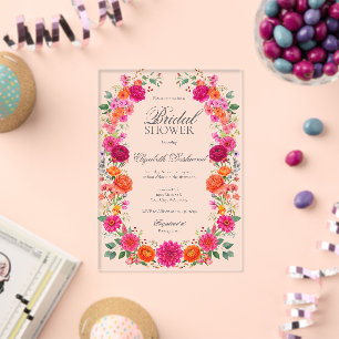 Invitaciones Acrílicas Jardín Floral Rosa y Naranja Colorido para Despedi