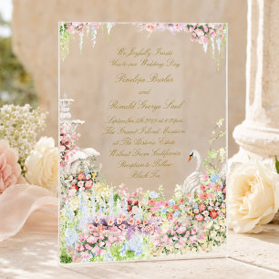 Invitaciones Acrílicas jardín romántico francés floral château boda cisne