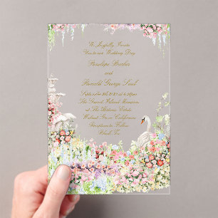 Invitaciones Acrílicas jardín romántico francés floral château boda cisne
