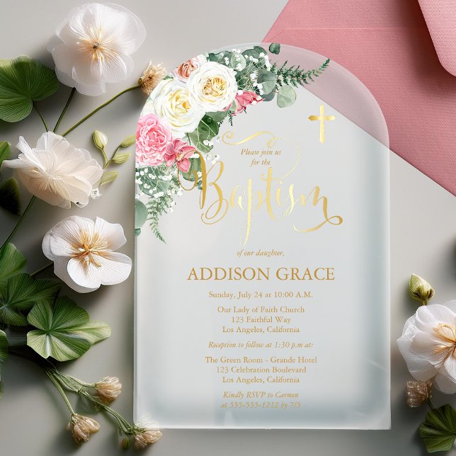 Invitaciones Acrílicas Jardín Rosa elegante - Bautismo Chica - Faux Gold (Elegant Rose Garden Girl Baptism Faux Gold Acrylic Invitations)