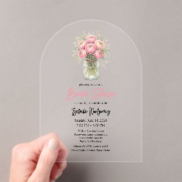 Invitaciones Acrílicas Jarra de Mason con Ranunculus de Paleta Rosa para 