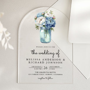Invitaciones Acrílicas Jarrón de Mason de Peonía Azul y Blanco para Boda