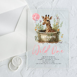 Invitaciones Acrílicas Jirafa linda salvaje cumpleaños boho animal 