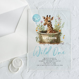 Invitaciones Acrílicas Jirafa linda salvaje cumpleaños boho animal 