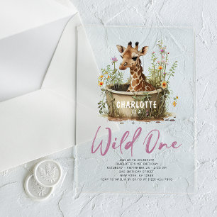 Invitaciones Acrílicas Jirafa linda salvaje cumpleaños boho animal 