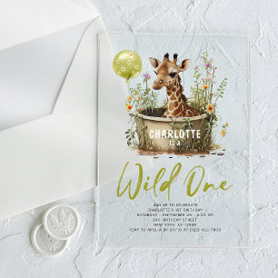 Invitaciones Acrílicas Jirafa linda salvaje cumpleaños boho animal 