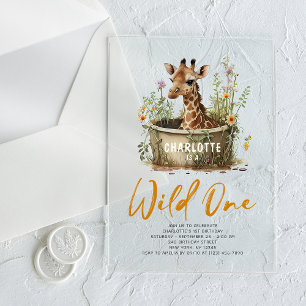 Invitaciones Acrílicas Jirafa linda salvaje cumpleaños boho animal 1er cu