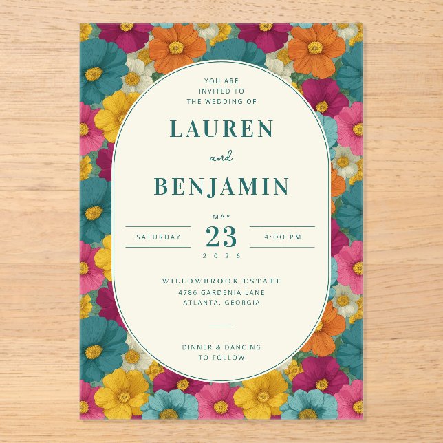Invitaciones Acrílicas Joyful Floral Wedding Invitation (Anverso)