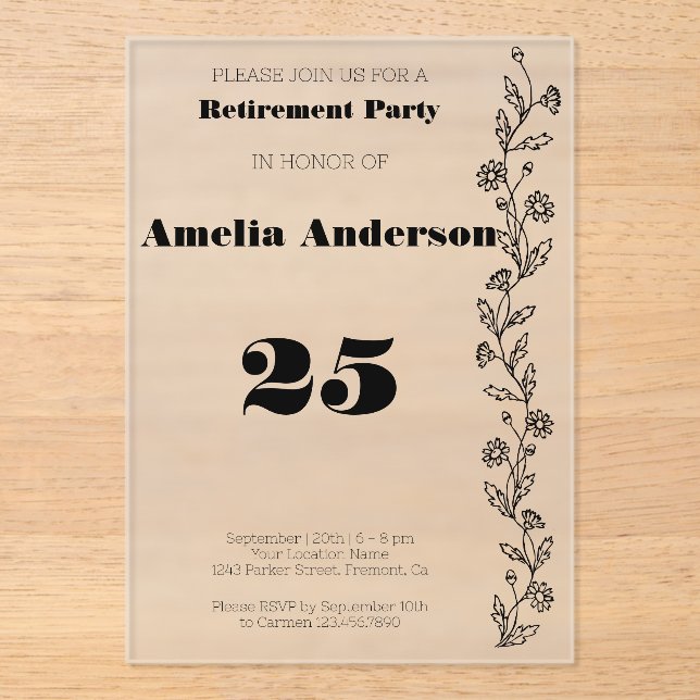 Invitaciones Acrílicas jubilación minimalista moderna negra (Anverso)