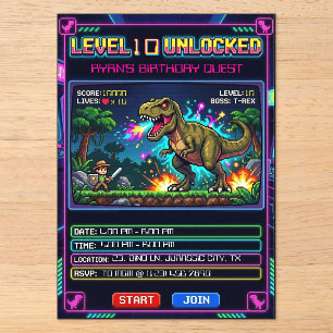 Invitaciones Acrílicas Juego de Arcade Nivel 10 Cumpleaños T Rex