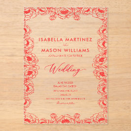 Invitaciones Acrílicas jugo flores francesas rojas boda clásica 