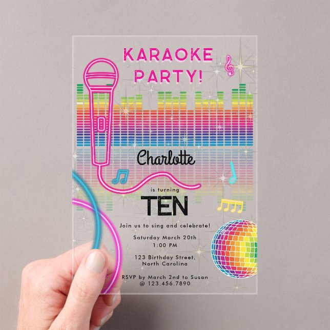 Invitaciones Acrílicas Karaoke Neon Glow Birthday Singing Music Party  (Insitu (portátil))