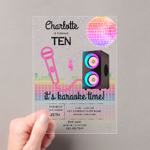 Invitaciones Acrílicas Karaoke Neon Glow Cantando Disco Fiesta Cumpleaños