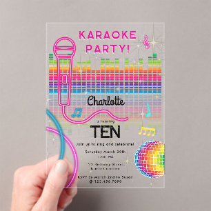 Invitaciones Acrílicas Karaoke Neon Glow Cumpleaños Cantando Música Fiest