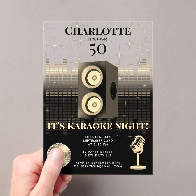 Invitaciones Acrílicas Karaoke Night Black Gold 50th Disco Birthday Party (Insitu (portátil))