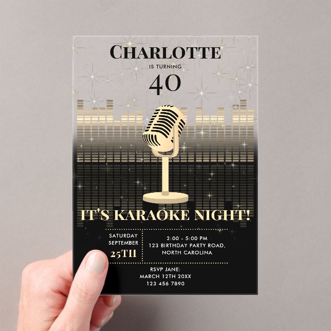 Invitaciones Acrílicas Karaoke Night Black Gold Singing Birthday Party (Insitu (portátil))