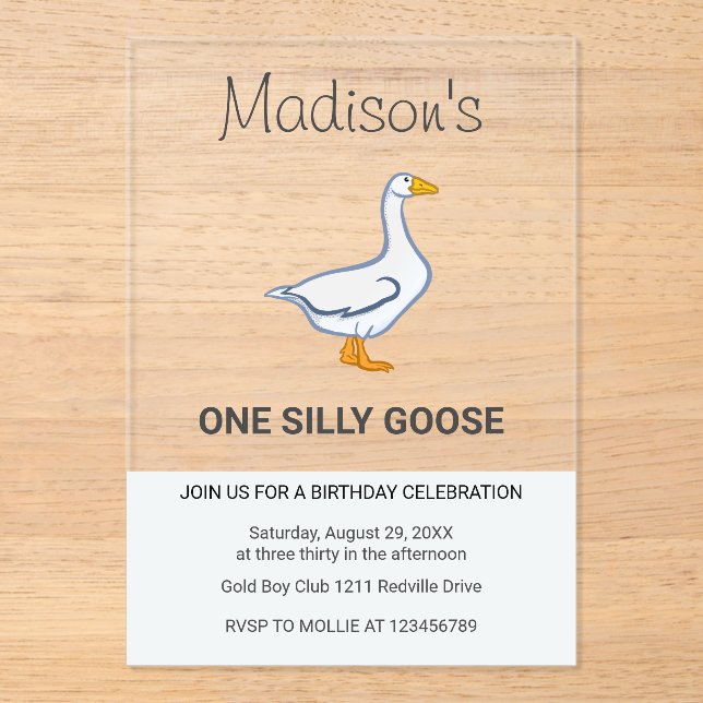 Invitaciones Acrílicas Kids One Silly Goose First Birthday (Anverso)