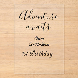 Invitaciones Acrílicas La aventura espera feliz cumpleaños número 1 nombr
