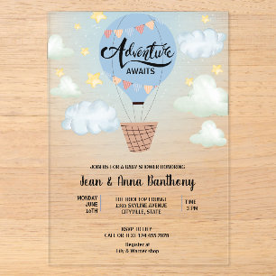 Invitaciones Acrílicas La aventura espera Globo aerostático azul Baby Sho