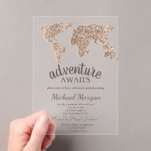 Invitaciones Acrílicas La aventura espera la jubilación del mapa mundial 