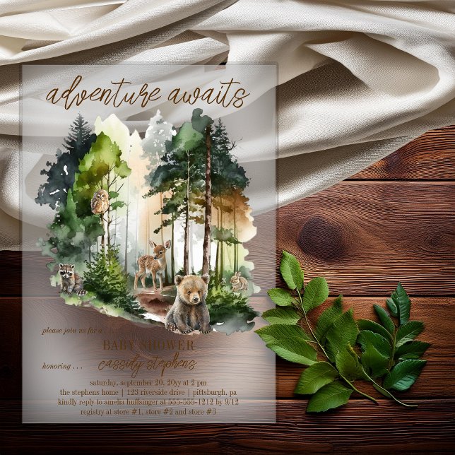 Invitaciones Acrílicas La aventura rústica de Woodland espera a su joven  (Rustic Woodland "Adventure Awaits" Boy Baby Shower Acrylic Invitations)