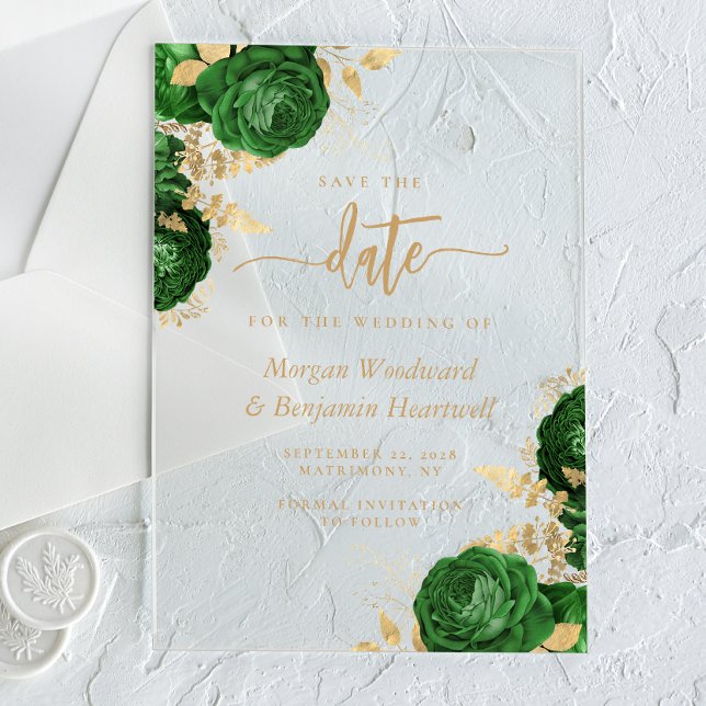 Invitaciones Acrílicas La boda floral de oro verde esmeralda salva la fec (Subido por el creador)
