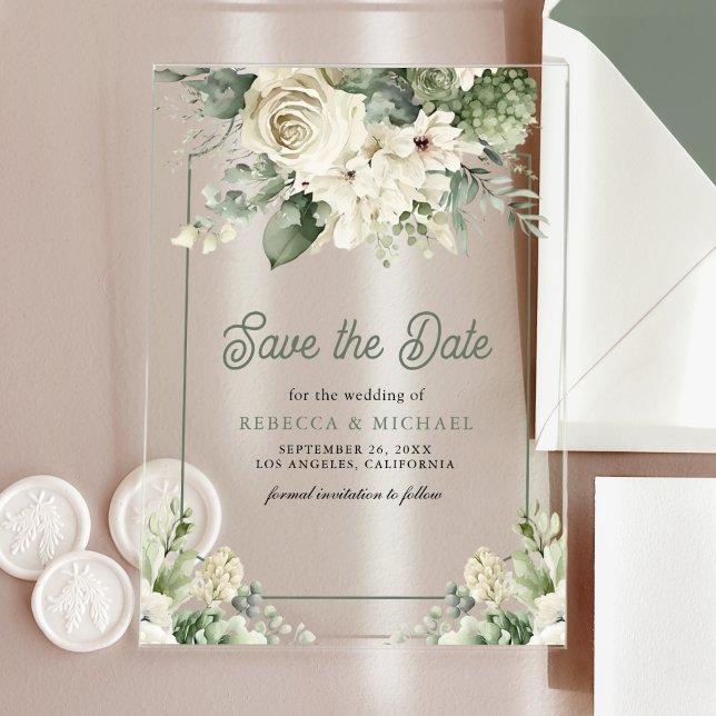 Invitaciones Acrílicas La boda floral verde marfil-sabana salva la fecha (Subido por el creador)