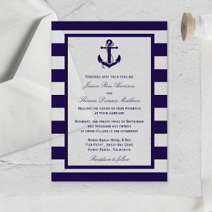 Invitaciones Acrílicas La Colección de Boda de Ancla Náutica con Raya Azu