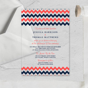 Invitaciones Acrílicas La Colección de Bodas Chevron Moderno Navy y Coral