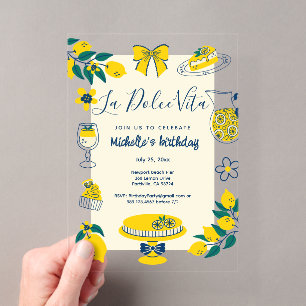 Invitaciones Acrílicas La Dolce Vita Doodles Cumpleaños de Limón Amarillo