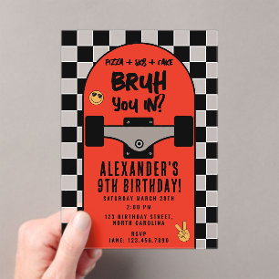 Invitaciones Acrílicas La fiesta de cumpleaños a cuadros de skateboarding