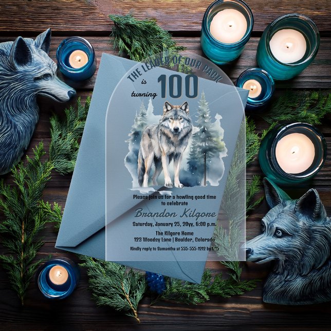 Invitaciones Acrílicas La fiesta de cumpleaños número 100 del líder de nu ("The Leader of Our Pack is Turning 100" 100th Birthday Arched Acrylic Invitation)