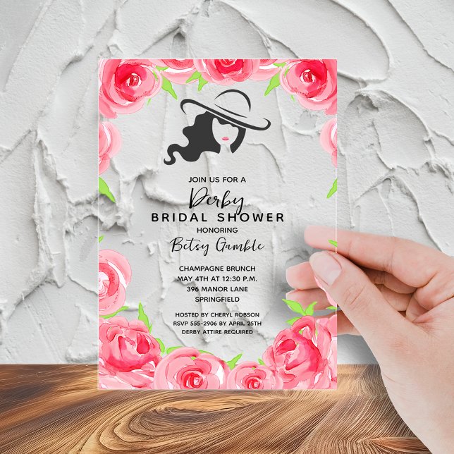 Invitaciones Acrílicas La gran ducha de Gorras de la dama (Lady's big hat and roses bridal shower acrylic invitations - order clear or frosted)