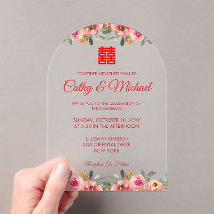 Invitaciones Acrílicas La peonía roja floral boda chino doble felicidad